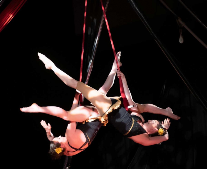 photo of the founders of NECCA performing a duo act on the trapeze